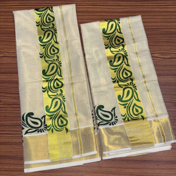 Premium Cotton 3inch Kasavu Setmundu With Beautiful Floral Design
