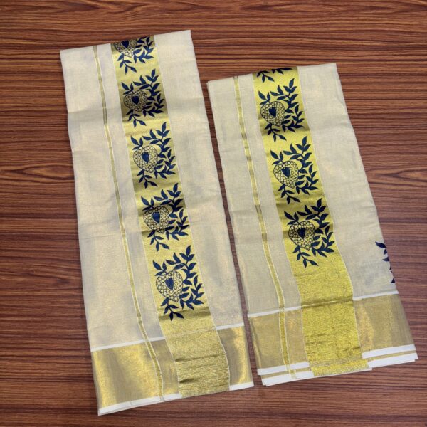 Premium Cotton 3inch Kasavu Setmundu With Beautiful Floral Leaf Design