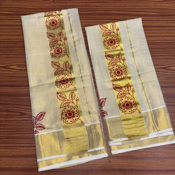 Premium Cotton 3inch Kasavu Setmundu With Beautiful Floral Design